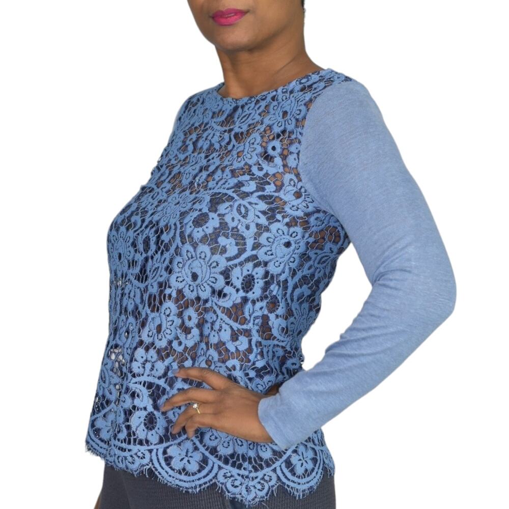 Sundance Ariadna Top Blue Lace Knit Sweater Scallop Hem Long Sleeves Size XS - Picture 13 of 14